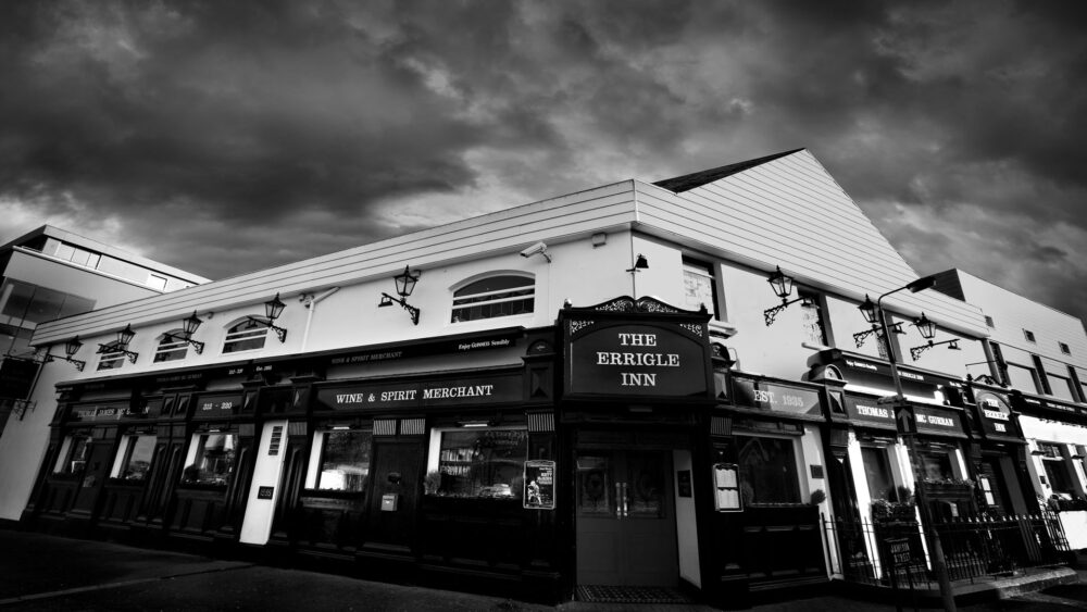 The Errigle Inn from the outside, in black & white - in which Kramer Control is installed