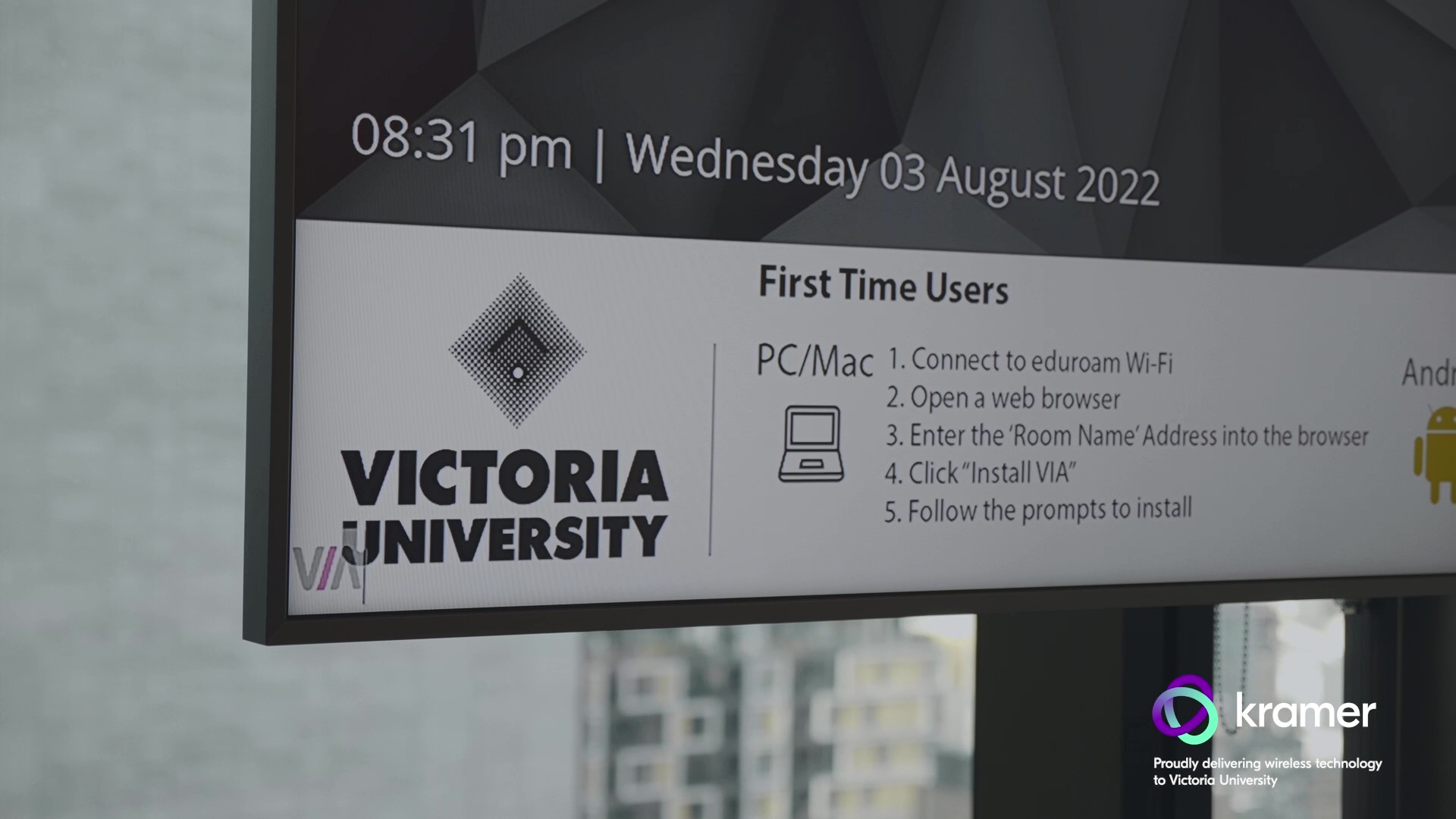 Kramer VIA interface on a wall screen, at Victoria University, AU