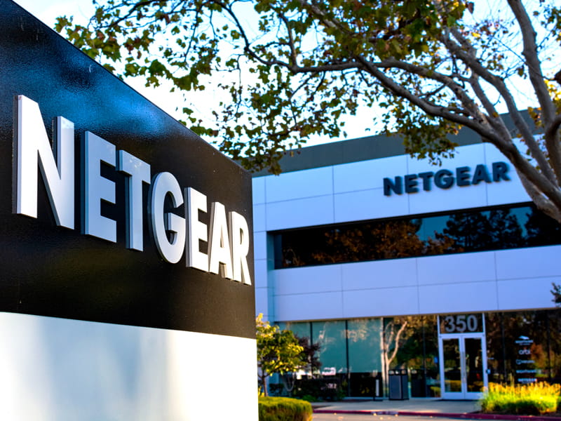 Netgear buildings from the outside, glass buildings with Neatgear's logo on them