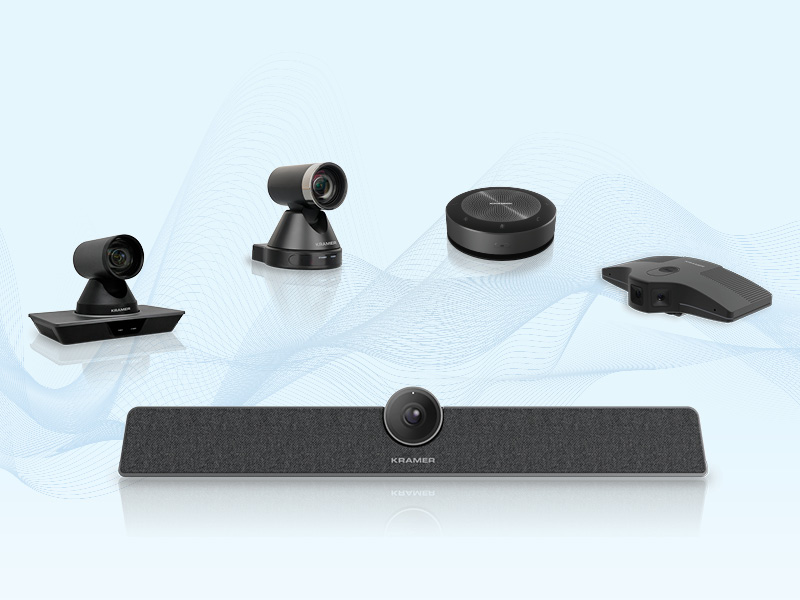 Kramer collaboration devices - black devices such as cameras, speakers, and more