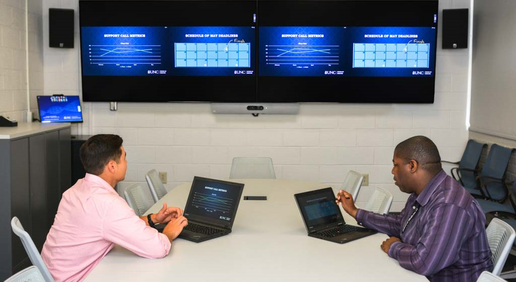 Two people sitting at a huddle room at UNC School of Medicine, using Kramer VIA solutions
