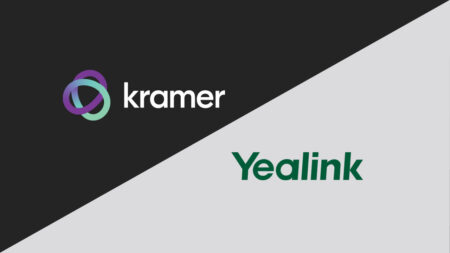 Yealink logo on a grey bacground, partners of Kramer - with Kramer's logo on a black background
