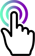 Icon of a finger clicking on a button, colored in green and purple - Kramer's brand colors
