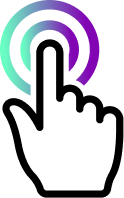 Icon of a finger clicking on a button, colored in green and purple - Kramer's brand colors