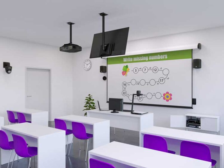 An image of a hybrid classroom, in which Kramer's solutions are installed