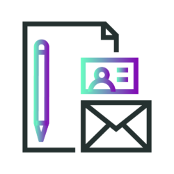 An icon of a paper, a pen, an envelope and an ID card, in purple and green