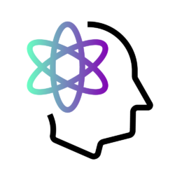 An icon of a person's head with an atom sign, in purple and green