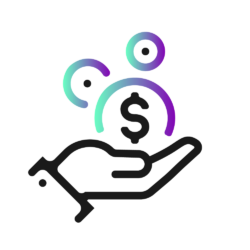 An icon of a hand holding circles with dollar sign, in purple and green