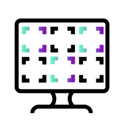 An icon of a computer screen, with multiple squares in purple, green and black