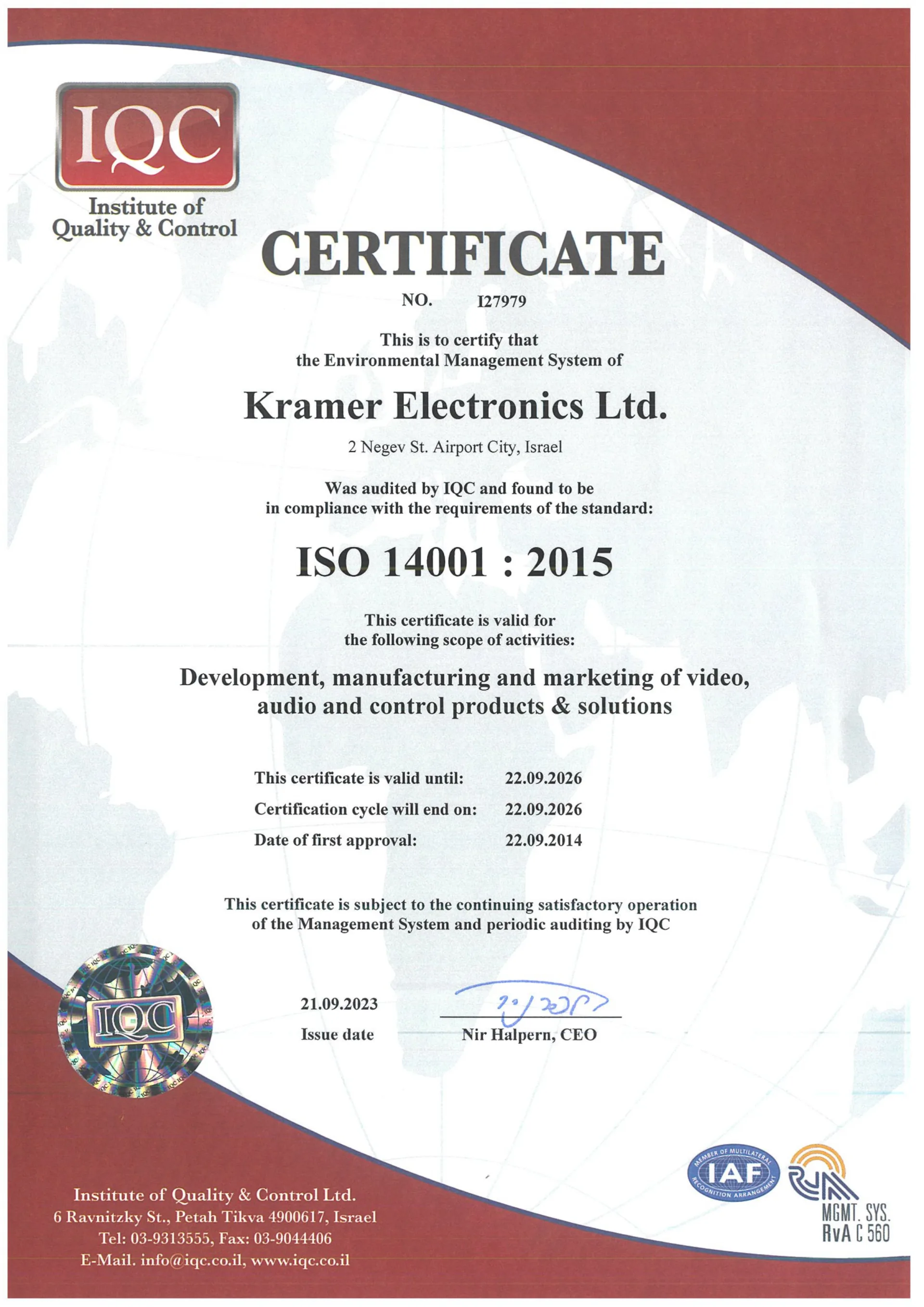 ISO 14001 certificate, English