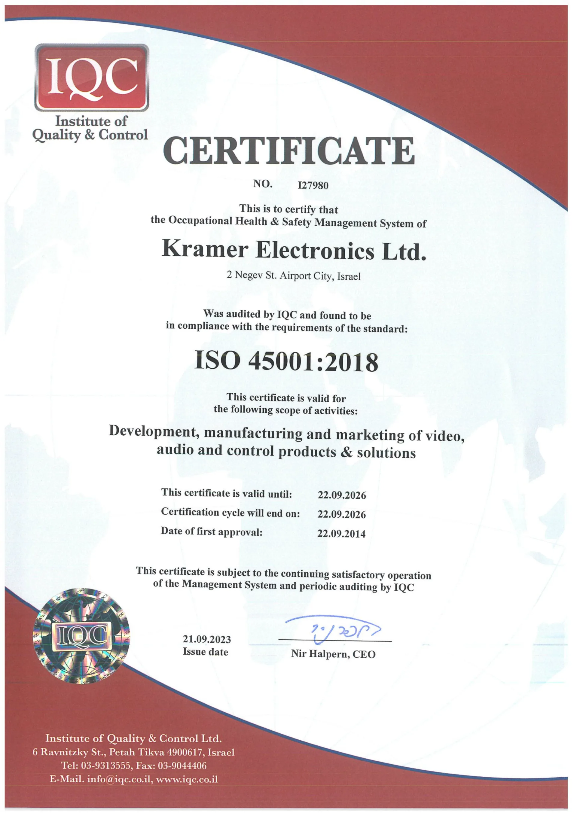 ISO 45001 certificate, English