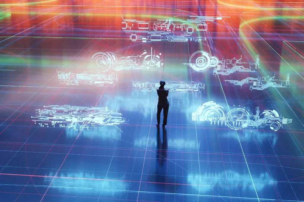 An colorful illustration of a person standing next to many AV streams, using Kramer's AVoIP streaming solutions