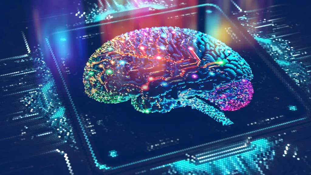 A colorful image of a brain on a colorful hologram of AV streams, demonstrating Kramer's AVoIP streaming solutions security's capabilities