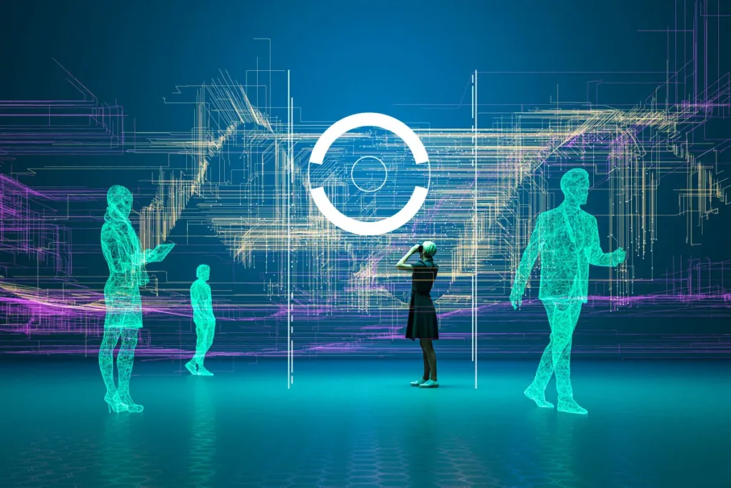 An colorful illustration of business men and women, exploring AV streams, demonstrating Kramer's AVoIP streaming solutions