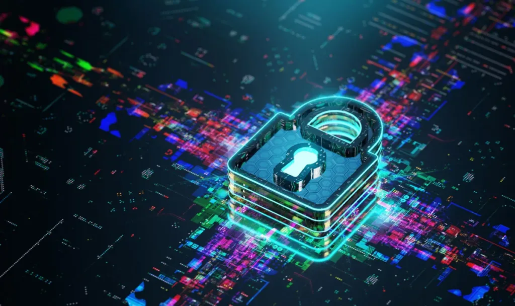 A colorful image of a lock on a colorful hologram of AV streams, demonstrating Kramer's AVoIP streaming solutions security's capabilities