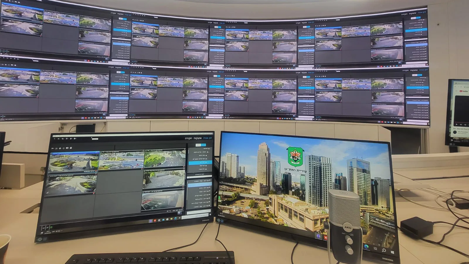 Multiple screens at Ramat Gan municipality's command & control room, in which Kramer's Control and AVoIP solutions are installed