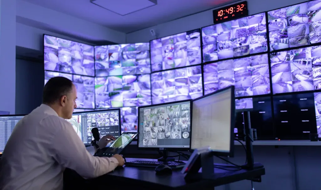 A man sitting in front of a couple of computer screens in a control center, powered by KDS-17
