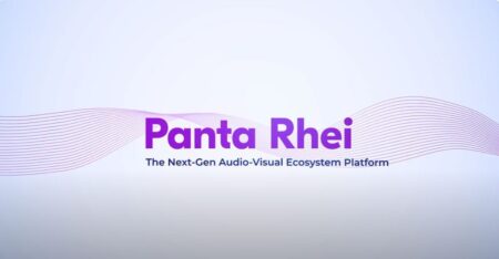 Panta Rhei - The next-gen audio-visual ecosystem platform. The text is in purple, on a purple background, with purple waves