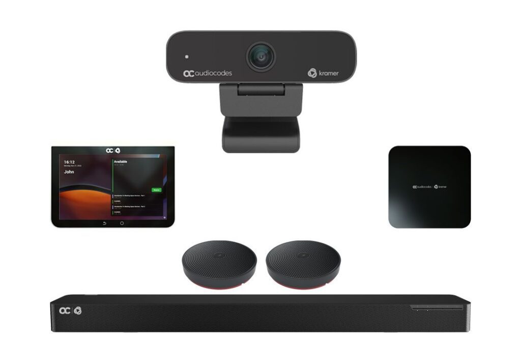 Kramer and AudioCodes' MTR solutions, touchpad, speakers, compute unit, and camera