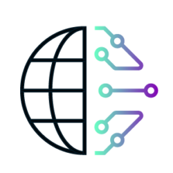 An icon of the globe on the left side and Ethernet connectivity lines on the right side, in black, green and purple on a white background