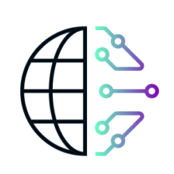 An icon of the globe on the left side and Ethernet connectivity lines on the right side, in black, green and purple on a white background