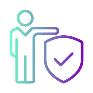 An icon of a person pointing at a shield, on which there's a check mark, in green and purple on a white background