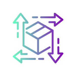 An icon of a box with arrows on all four directions, in green and purple on a white background