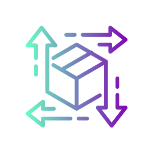 An icon of a box with arrows on all four directions, in green and purple on a white background