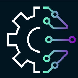 Gears icon, in white, green and purple on a black background