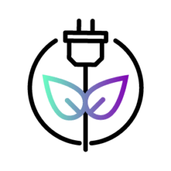 An icon of a flower with an electric connectivity at its top, in black, green and purple on a white background