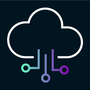 A cloud icon, in white, green and purple on a black background
