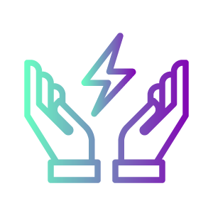 An icon of two hands, holding a lightning, in green and purple on a white background