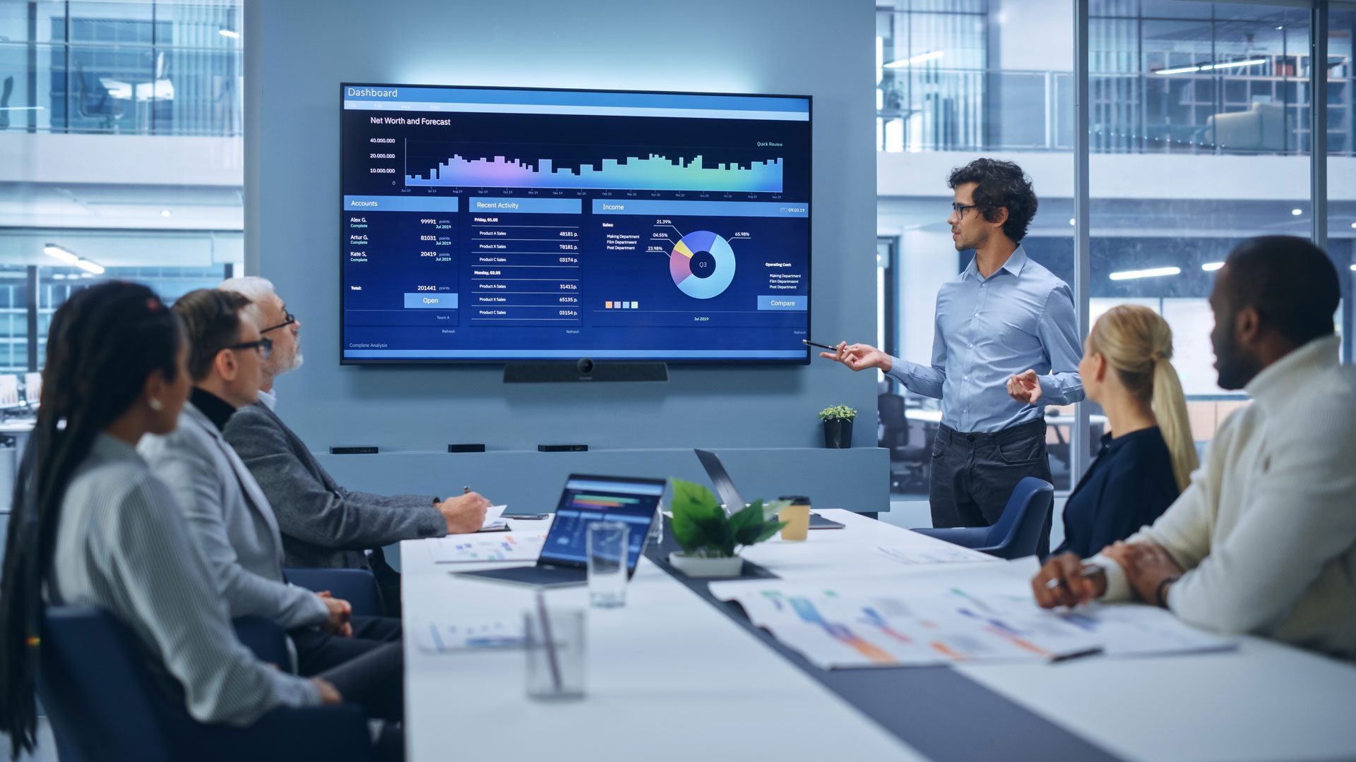 People in an office space, having a hybrid meeting