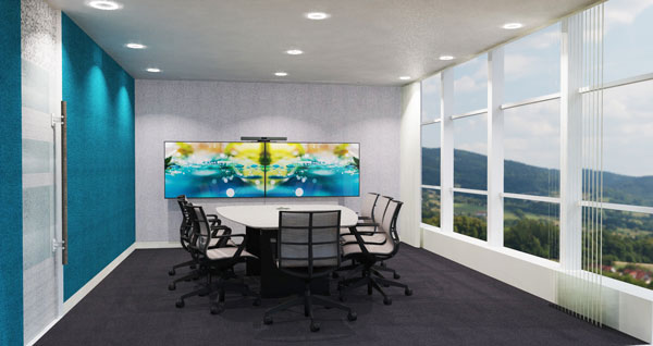 Ashton Bentley's Collaboration Space, a meeting room with a large window and Ashton Bentley's display mount, tables and chairs